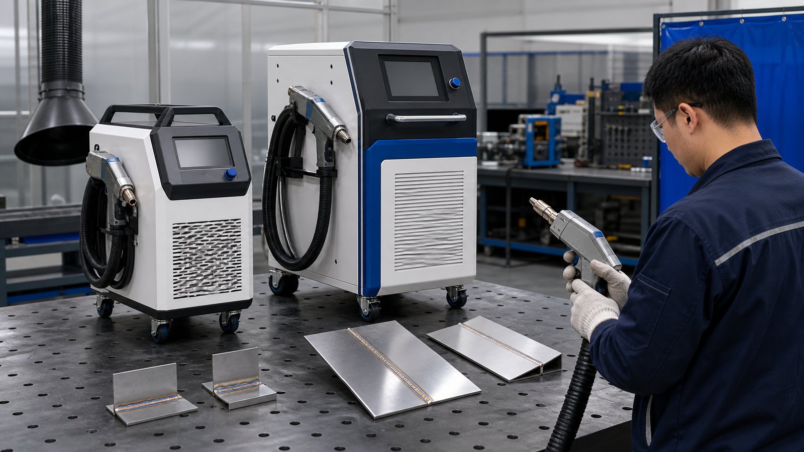 Air cooled and larger cooled handheld laser welding machines compared in a workshop