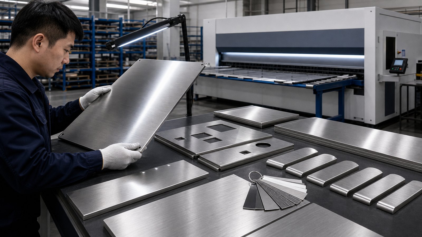 Brushed stainless steel panels inspected for grain direction and surface quality after laser cutting