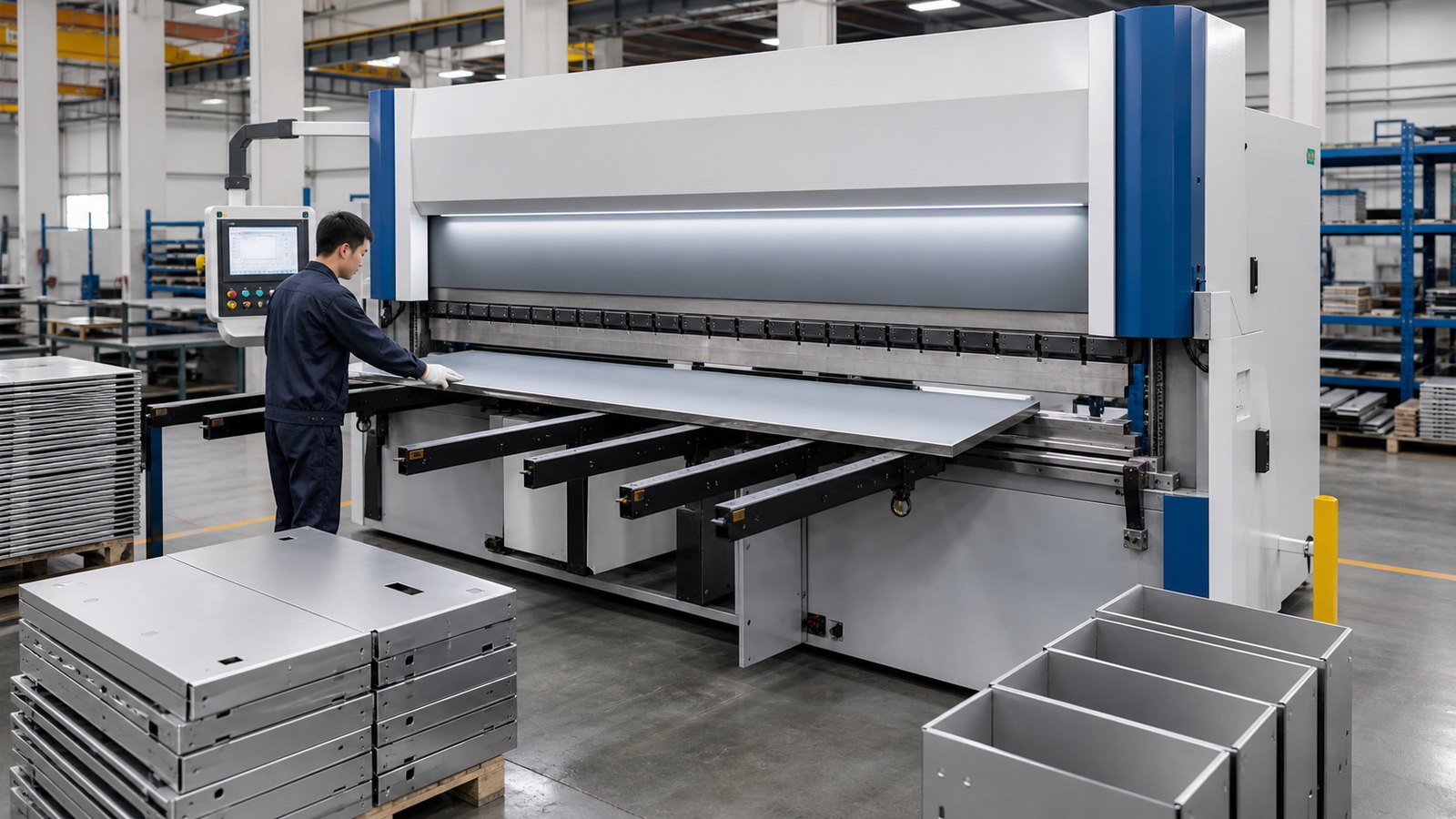 CNC folding machine forming long sheet metal panels for enclosure production