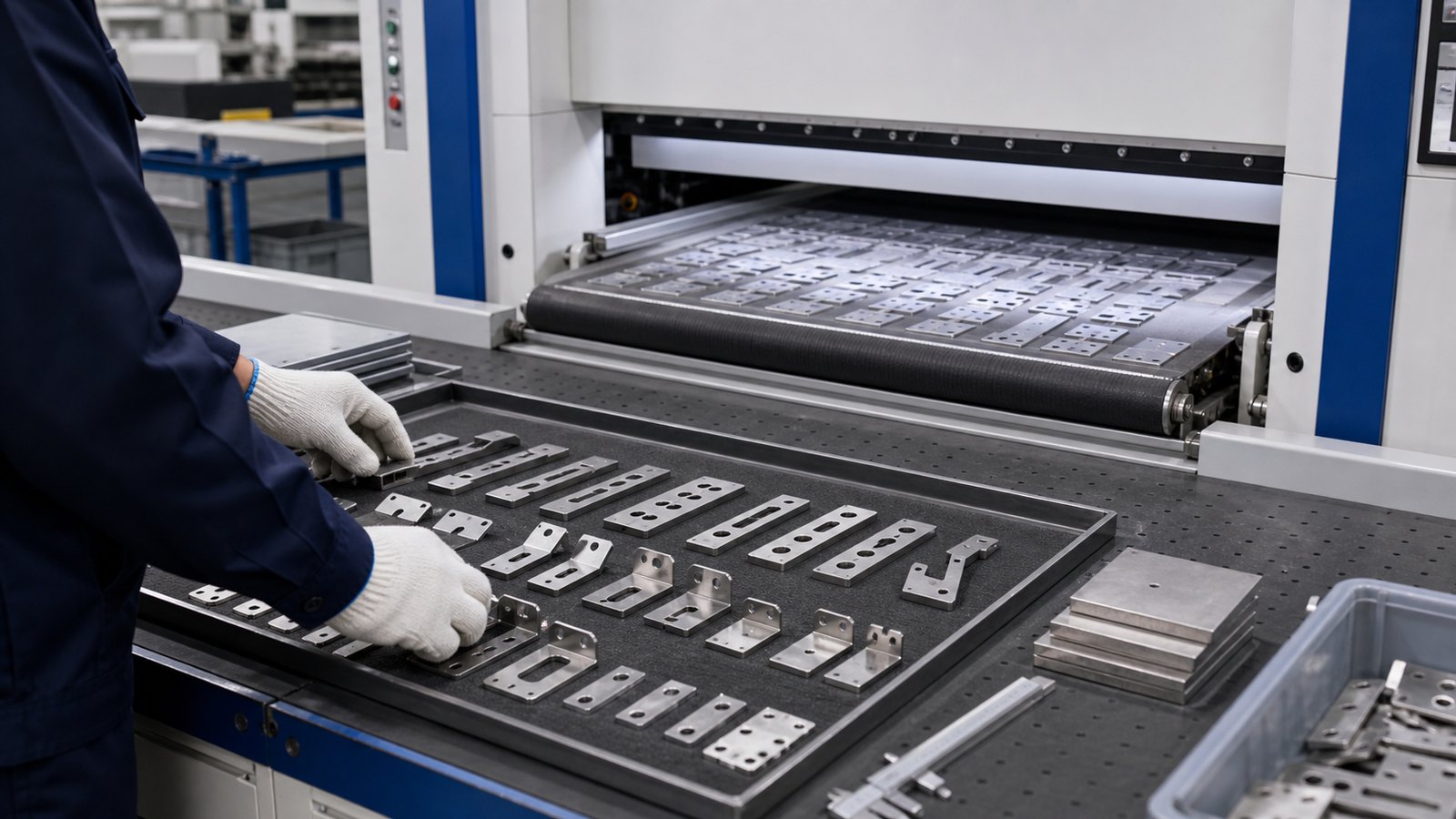 Small laser cut sheet metal parts held for safe deburring with vacuum or magnetic support