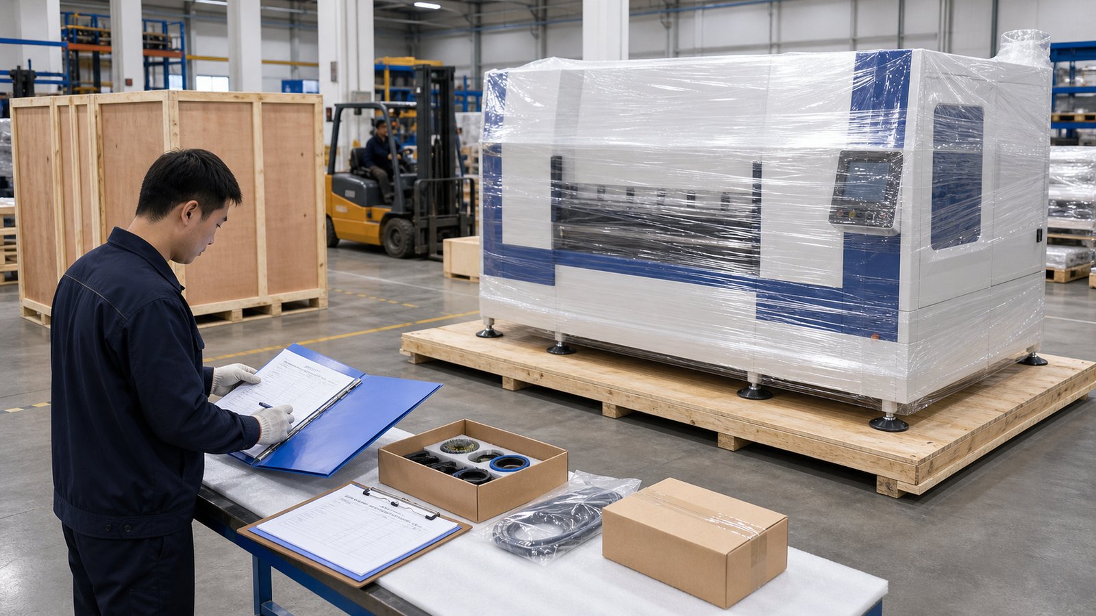 Export preparation for metal finishing machine with packing documents and spare parts