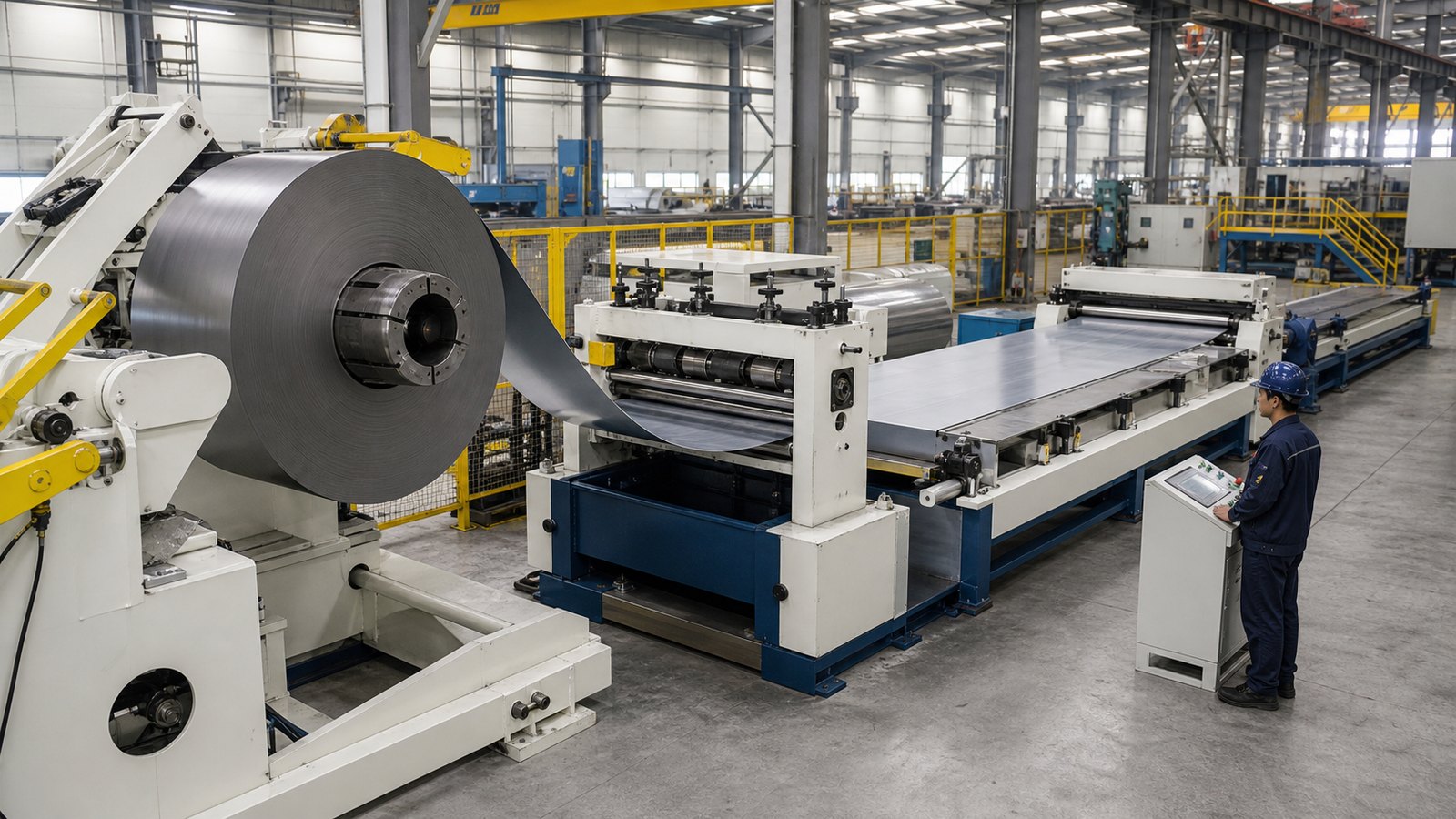 Hydraulic uncoiling and leveling line feeding steel coil into flat sheet material