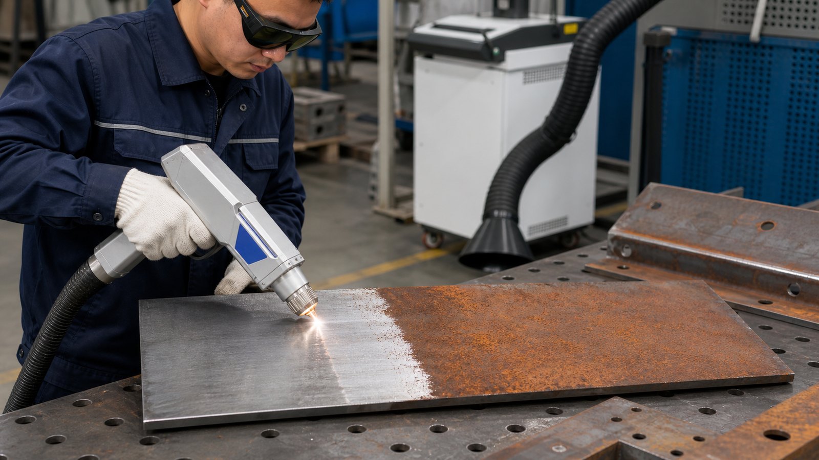 Handheld laser cleaning machine removing rust and oxide before welding or coating