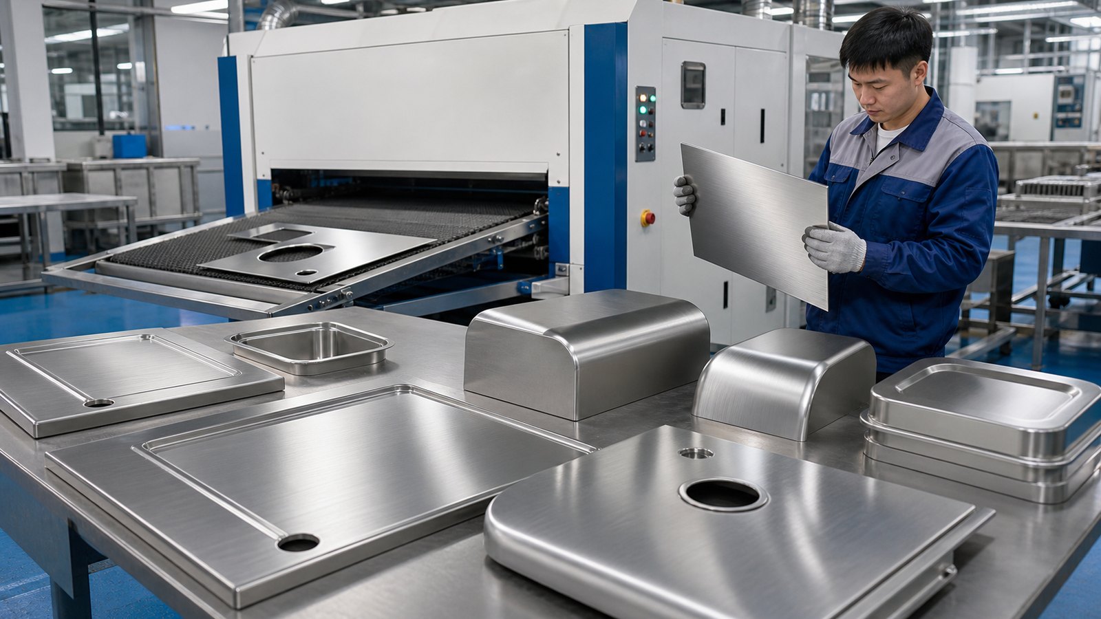 Stainless steel kitchen equipment parts being deburred and brushed after laser cutting