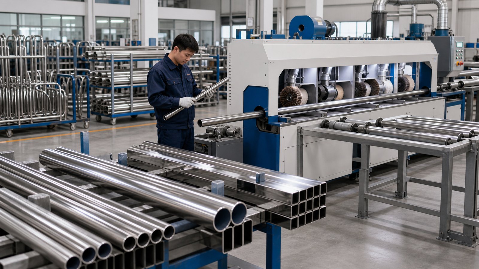 Round and square tube polishing machines for metal furniture and handrail production
